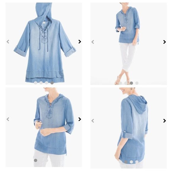 Chico's Zenergy chambray lace up hooded blue top. Roll tab sleeves. Size 3 -16/L - Picture 10 of 16